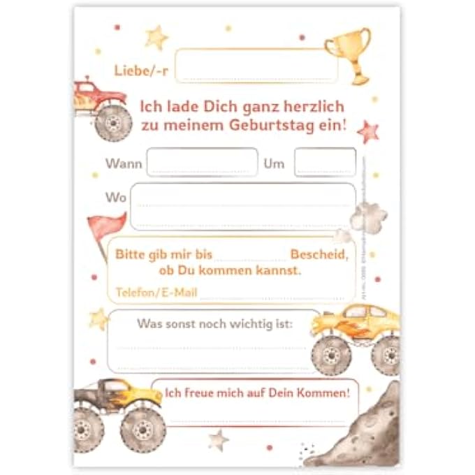 12 INVITATION CARDS FOR 3RD CHILDREN'S BIRTHDAY BOYS MONSTER TRUCK CAR INVITATION FOR THIRD BIRTHDAY INCLUDES 12 ENVELOPES, 12 PARTY BAGS / PETROL BLUE, 12 STICKERS AND 12 BOOKMARKS - Image 5